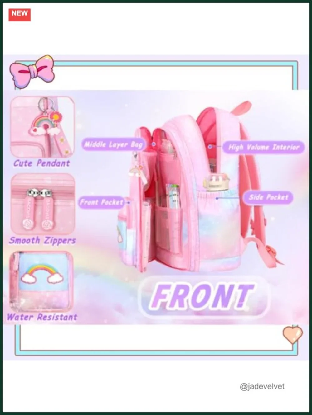 Kawaii Rainbow Cloud Backpack for Girls, Large Capacity School Bookbag with